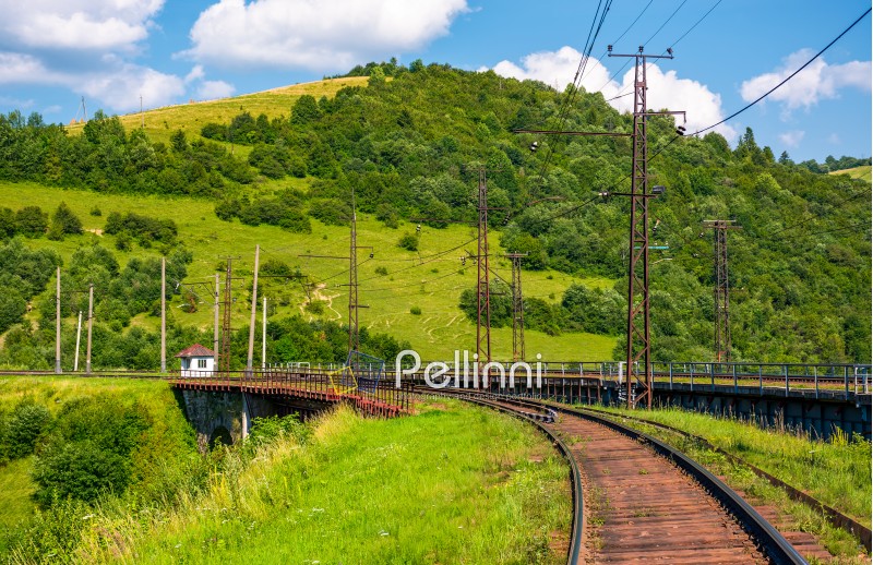 railroad viaduct through forested hills in summer. lovely transportation scenery in Carpathian mountains, Skotars'ke, Ukraine