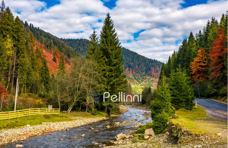 river in autumnal countryside with spruce forest. wooden fence of a tourist camping place in lovely nature scenery with colorful hills in a distance under cloudy sky