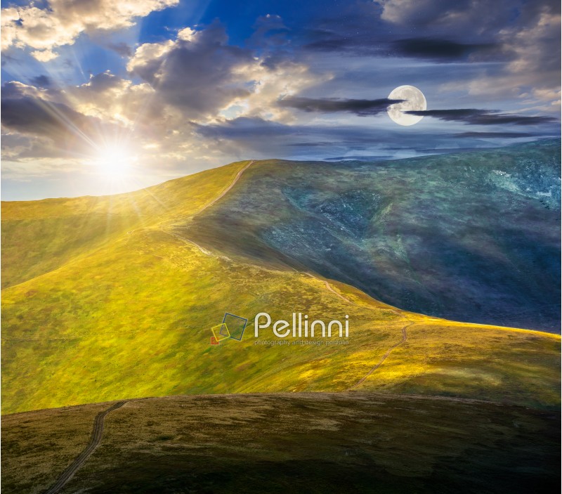 day and night composite image of winding road through large meadows on the hillside of Polonina mountain range