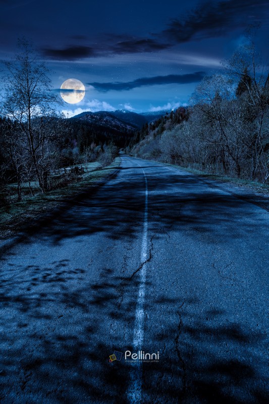 road through mountain landscape of in autumn at night. forest in road through mountain landscape of in autumn at night. forest in fall colors under dark sky in full moon light. snow covered peak in the distance. scenic view of rural valley