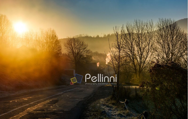 road through mountain village at foggy sunrise. beautiful rural scenery in autumn