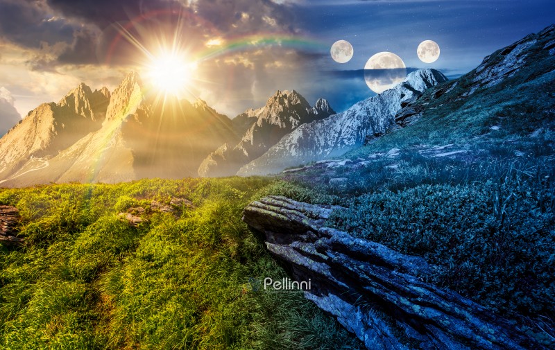 rocky peaks and rocks on hillside. day and night time change concept. scenic composite image of mountain landscape in summer with sun and moon. rugged alpine scenery. duality and transition template