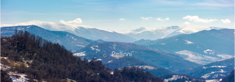 rolling hill and mountain ridge with snowy tops panorama. beautiful and bright weather in springtime