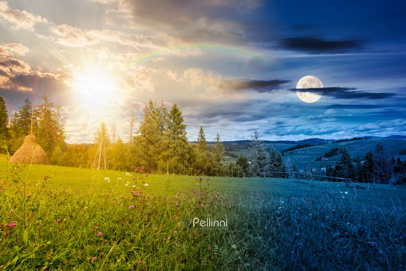 rural area on autumn equinox. day and night time change. countryside scenery with rolling hills. mountain landscape with sun and moon at twilight. provincial outdoor adventure