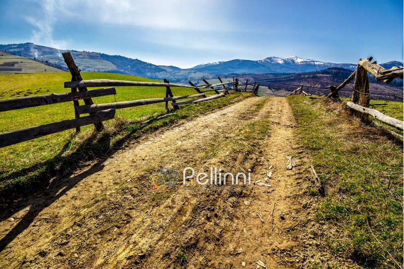 fence near the road through the  rural meadow in mountain region in spring time