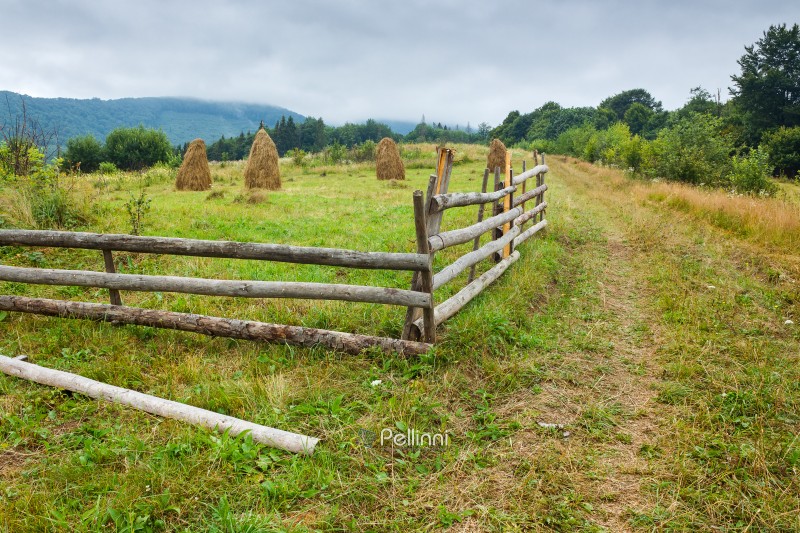 rural field behind the wooden fence. countryside landscape in mountains on a rainy day. organic haystack on the meadow