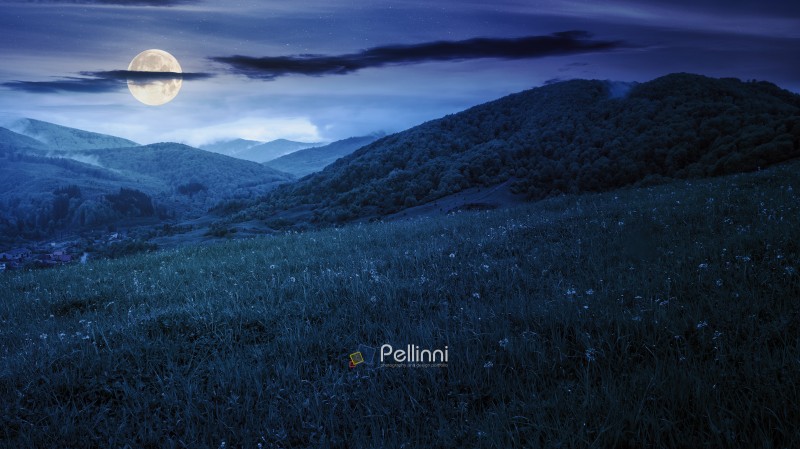 rural landscape in mountain at night. traditional pasture on the grassy slope in full moon light. starry sky with dark clouds