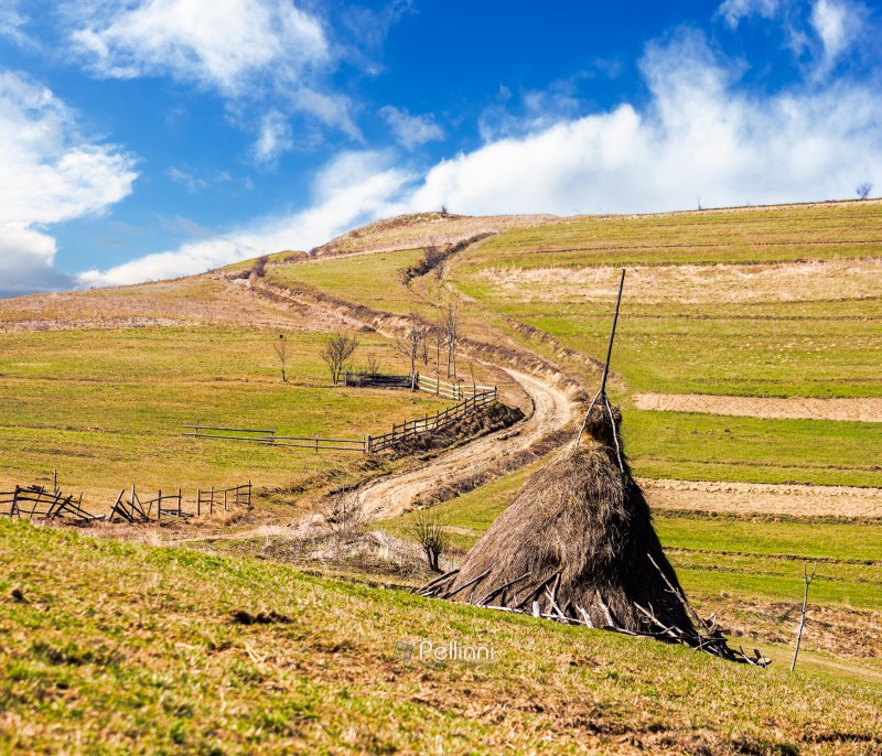 rural landscape in mountains under blue sky. agriculture nature in early spring. haystack on green hill. scenic countryside. green environment sustainability and protection. background for earth day