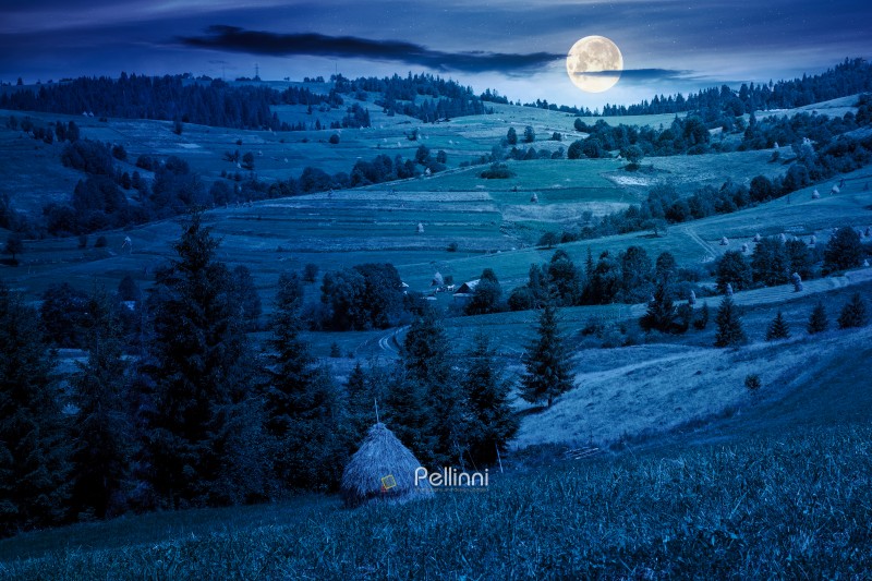 rural mountain landscape in summer at night. haystack on green hill near village. alpine scenery at the foot fantasy ridge in full moon light