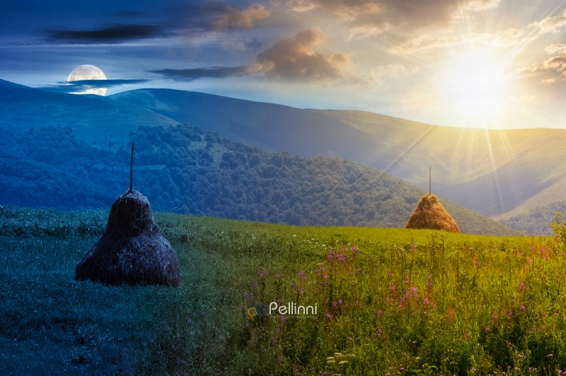 rural mountain landscape on summer solstice. day and night time change concept. haystack on green hill. alpine scenery at the foot ridge with sun and moon at twilight