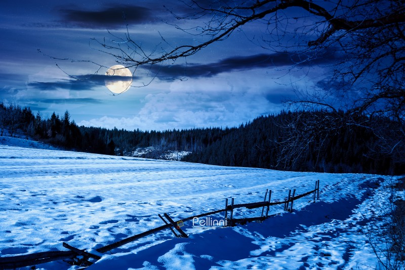 rustic wooden fence through snow covered hill at night. beautifu rustic wooden fence through snow covered hill at night. beautiful view in winter mountains in full moon light. alpine rural landscape near forest. finance investment or abstract concepts