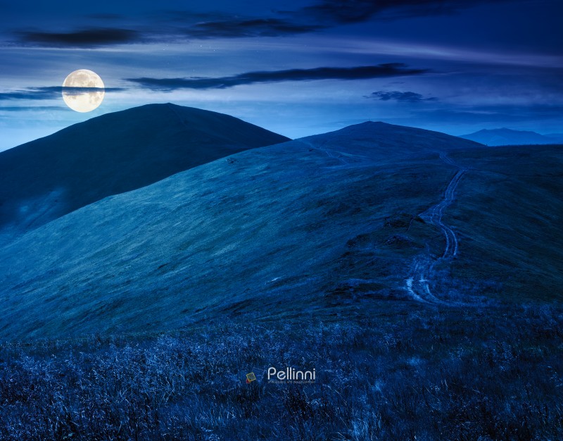 scenic mountain landscape with hill at night. travel background in summer. scenery of ridge with steep slope in full moon light. beautiful view of a terrain with grass on a high altitude under dark sky