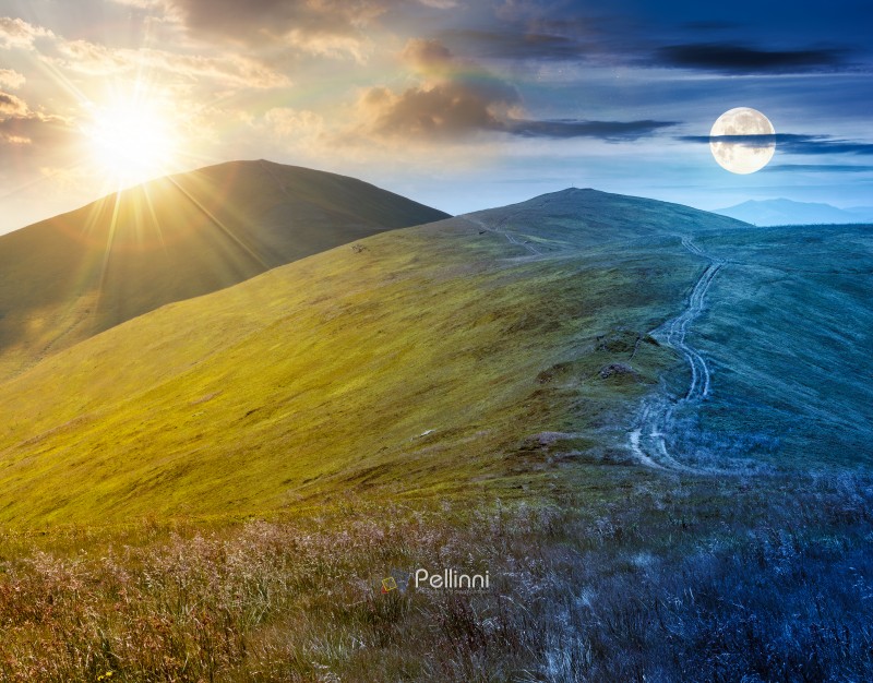 scenic mountain landscape with hill. day and night time change concept. travel background on summer solstice. beautiful view of a terrain on high altitude under dark sky with sun and moon at twilight