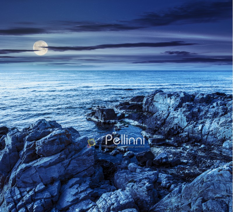 calm sea landscape with some wave near rocky coast with boulders and seaweed at night in full moon light