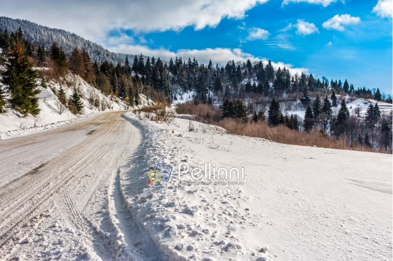 road; snow; spruce; winding; winter; forest; country; mountain; landscape; tree; nature; pine; snowy; scene; forest; cold; sky; white; ice; frost; season; beautiful; blue; january; way; hill; beauty; conifer; curve; outdoor; day; wood; range; fir; tracks; travel