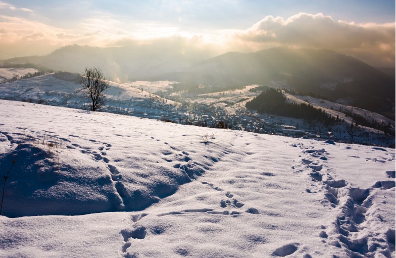 snowy slope in mountainous countryside. gorgeous weather with clouds over the mountain ridge. 