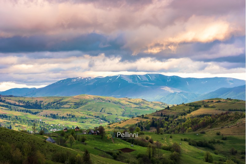 springtime countryside in mountain. grassy rural fields on hills. village in the valley. distant ridge with snowy tops. dramatic afternoon weather. cloudy sky