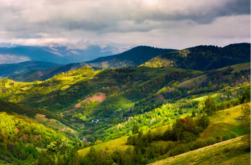 springtime in mountainous countryside. lovely rural landscape with forested hills and agricultural fields on a cloudy day