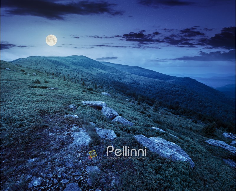 mountain landscape. valley with stones in grass on top of the hillside of mountain range at night in full moon dappled light 