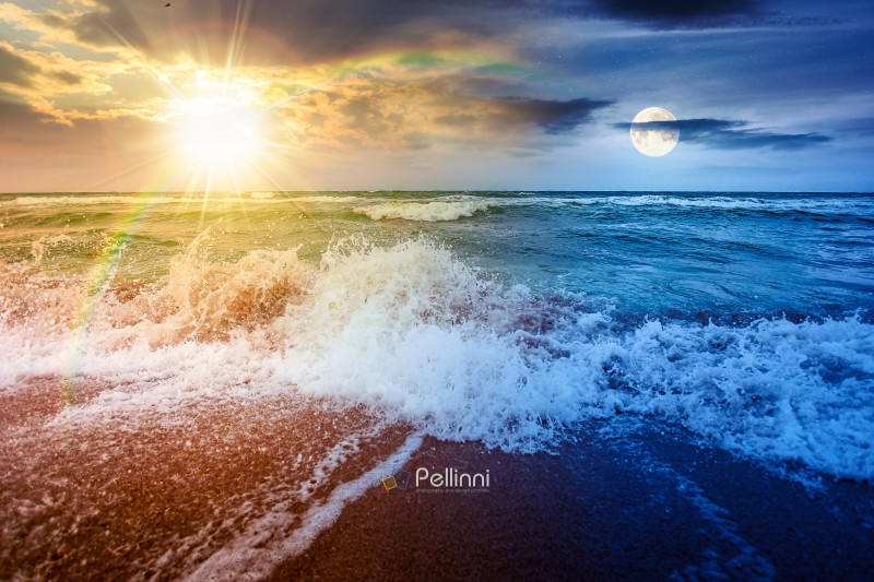 stormy weather on the sandy beach. day and night time change concept. dramatic sky over the sea with sun and moon. moody landscape on autumn equinox. majestic cloudscape above the horizon