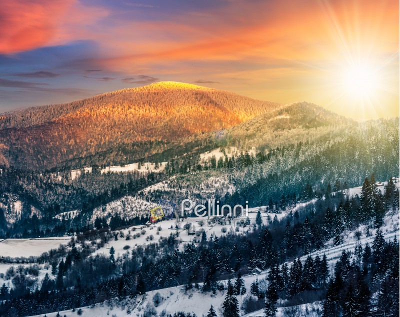carpathian mountain rural area near peaks in snow on frosty sunset in winter