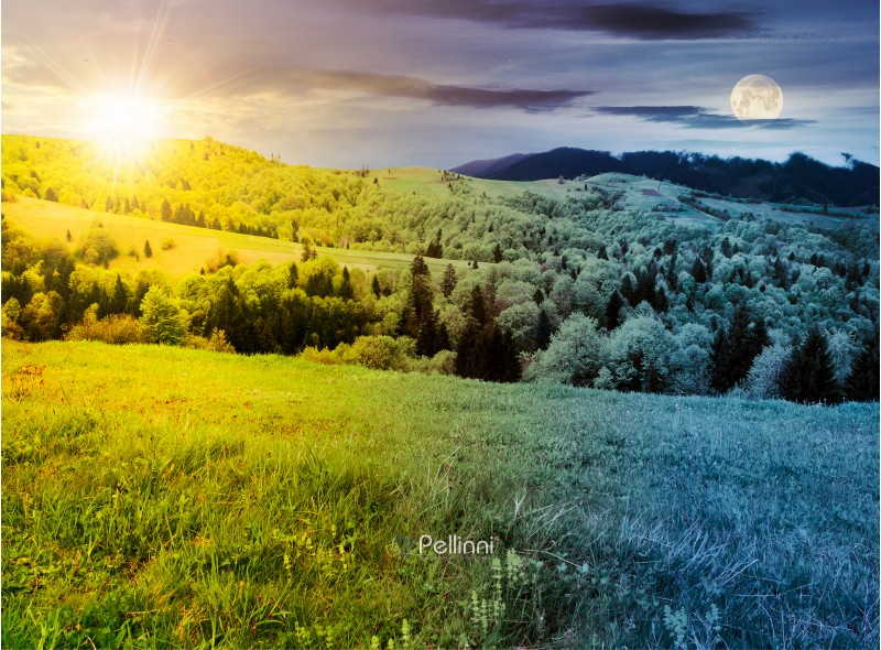 time change above mountainous countryside in springtime. grassy meadows and forested hill. freshness of nature concept