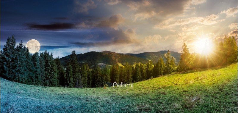 panorama of time change concept above alpine forest glade with sun and moon. beautiful early autumn landscape in Carpathian mountains. joyful vacation in wilderness