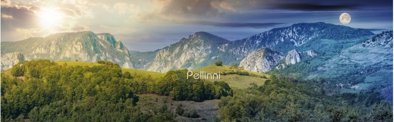 day and night time change concept above mountainous panorama. beautiful landscape of romania with sun and moon. distant ridge with rocks, cliffs and gorge.