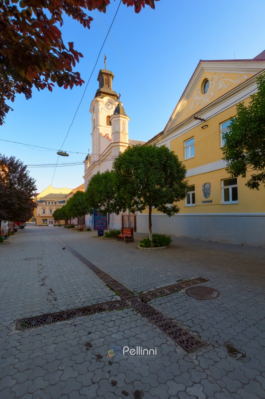 uzhhorod, ukraine - jun 04, 2017: catholic church of st. george on a voloshyna street on a summer morning. old european architecture of a downtown