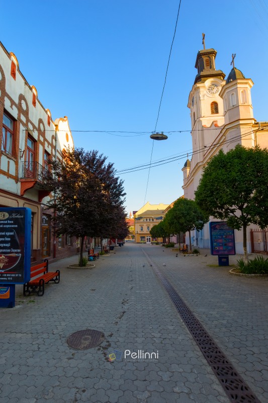 uzhhorod, ukraine - jun 04, 2017: catholic church of st. george on a voloshyna street on a summer morning. old european architecture of a downtown