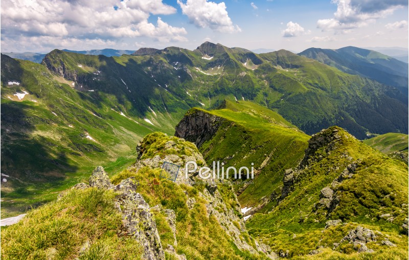valley in romanian mountains view from the edge above. gorgeous summer landscape in fine weather with cloudy sky