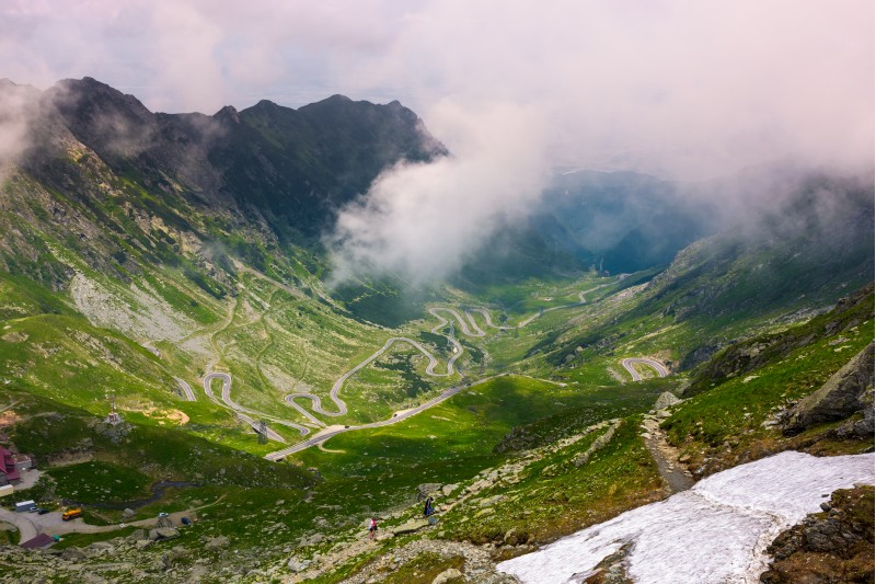 valley of Transfagarasan route in summertime. gorgeous view from the top through the clouds