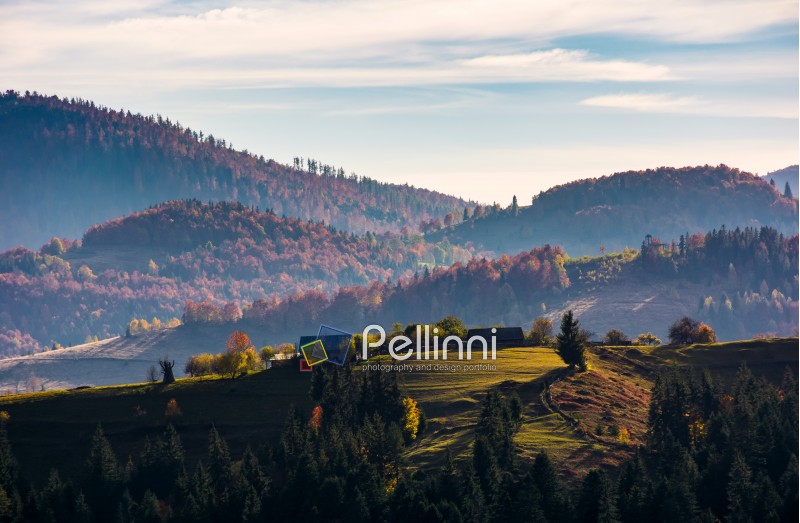 village on top of a grassy knoll in autumn. gorgeous sunrise in mountainous rural area with reddish forest