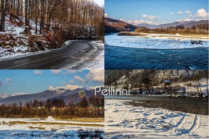 set of images with mountain forest and river in winter landscape