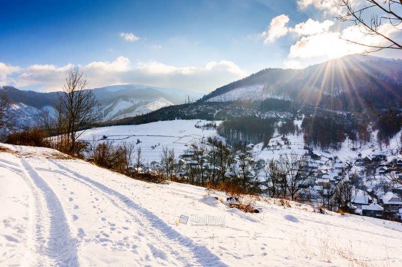 winter landscape with snow covered forested hills. carpathian mountains in cold weather under blue sky. rural scene on a sunny day. background for christmas holidays in alpine region of ukraine