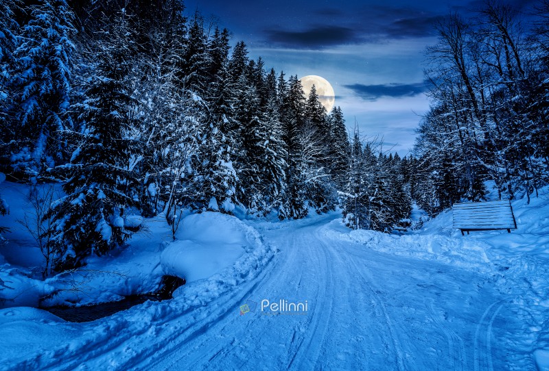 winter mountain landscape at night. empty winding road through fir forest covered with snow in full moon light. finance investment or abstract concepts