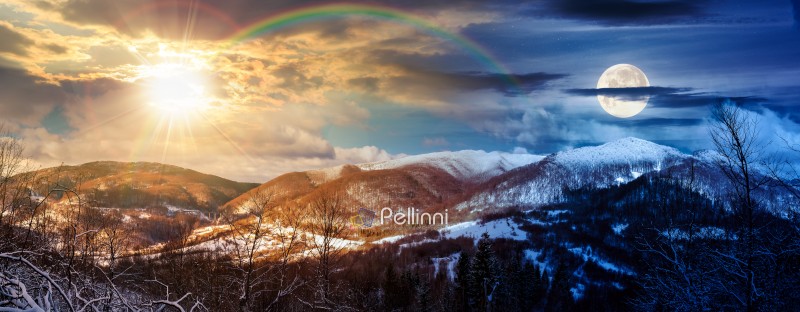 winter panorama of forested mountains with snowy tops under cloudy sky. day and night time change concept. wonderful nature landscape with sun and moon at twilight. harmony and progress calendar