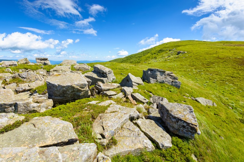 wonderful mountain landscape in summer. wide scenery with rock among grass on the hills and slopes under blue sky with fluffy clouds at high noon. scenic view of alpine environment