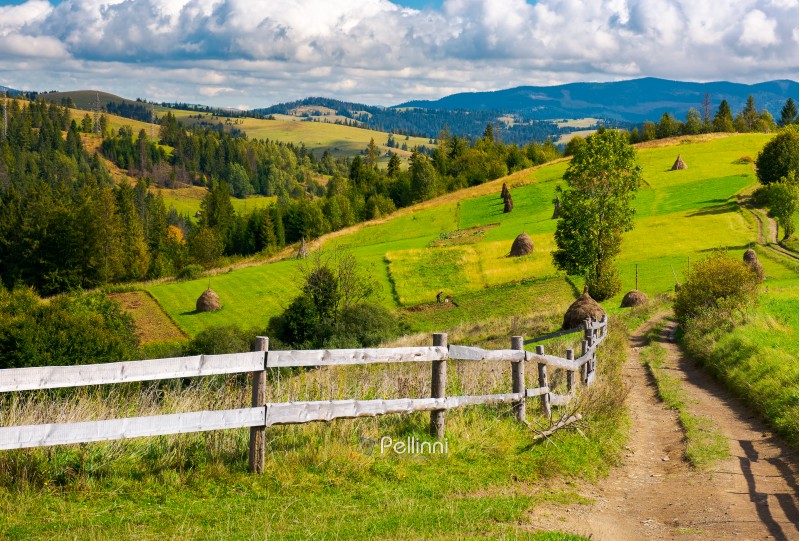 wooden fence along the country road. haystacks on agricultural fields. rolling hills ends up with mountain ridge in the distance. beautiful sunny day under the cloudy sky in Carpathian mountains