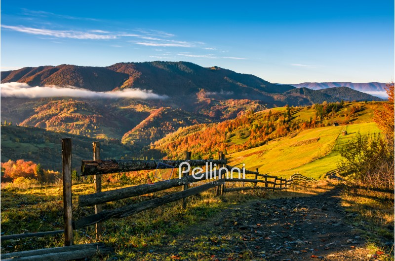 wooden fence by the road in rural area. autumn countryside landscape in mountains with grassy fields. beautiful misty sunrise