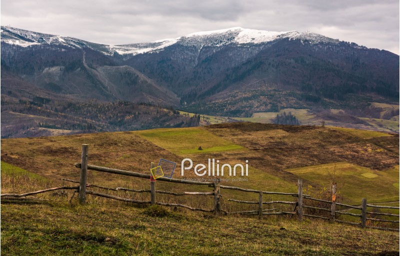 wooden fence on hills of mountainous countryside. agricultural fields in late autumn gloomy weather. mountain ridge with snowy tops in the distance