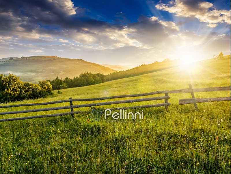 wooden fence on agricultural grassy meadow with trees on hillside in Carpathian mountains at sunrise