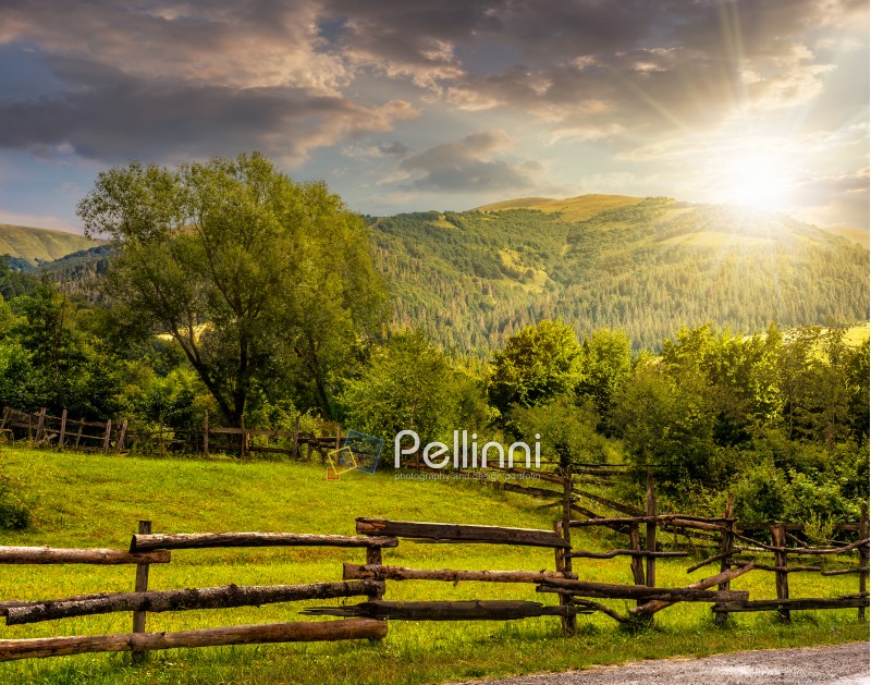 composite image of wooden fence on agricultural grassy meadow with trees on hillside in high mountains in evening light