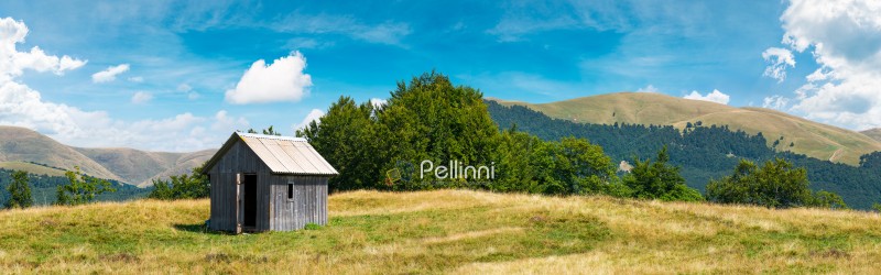wooden hut on a grassy meadow. forested mountains in the distant. beautiful panorama of summer countryside