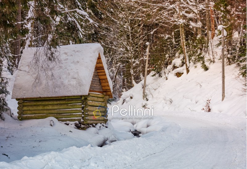 woodshed by the road in winter forest. lovely nature scenery