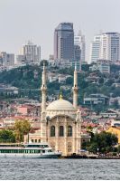 ISTANBUL, TURKEY - AUGUST 18, 2015: Ortakoy Mosque infront of the cityscape, view from the other side of Bosphorus in Istanbul