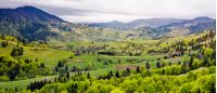 Panorama of Carpathian rural area in springtime. beautiful mountainous landscape on a cloudy day 
