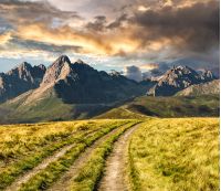 Composite Landscape image. Path through the meadow on hillside in Tatra mountains at sunset