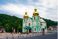 Rakhiv, Ukraine - JUL 21, 2012: The Eastern Orthodox Church of the holy spirit. beautiful scenery in Carpathian mountains.