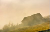 gorgeous autumnal countryside scenery abandoned barn on hillside in sick fog at sunrise